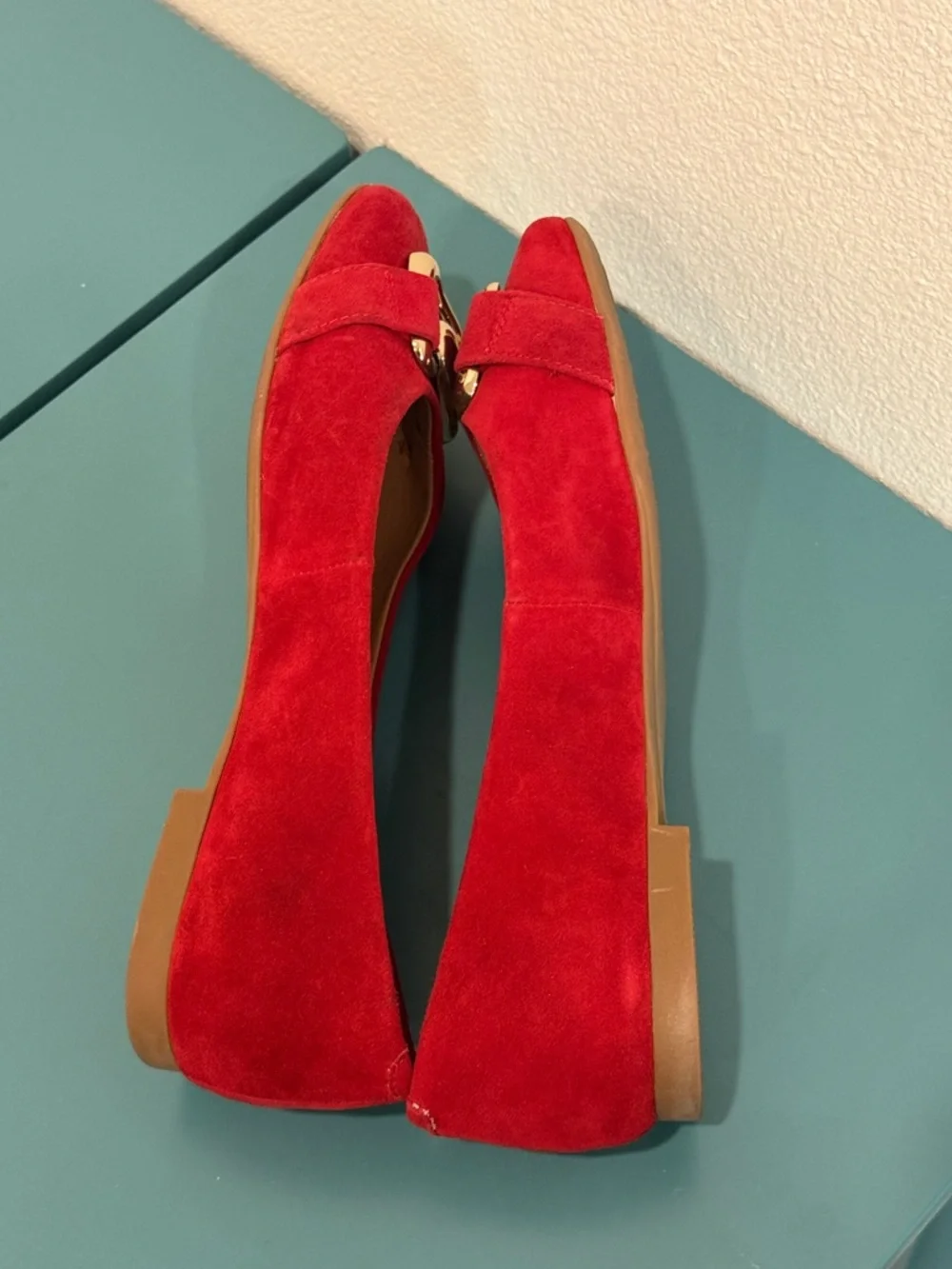 AEROSOLES Candice Red Suede Flats with Gold Chain Accent
